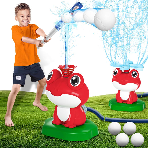 2-in-1 Water Sprinkler Baseball Toy for Kids Outdoor Play, 360° Rotating Spray and 2 Sprinkler Heads for Splashing and T-Ball Games, Summer Backyard Lawn Activities for Toddler Ages 3+ (Red)