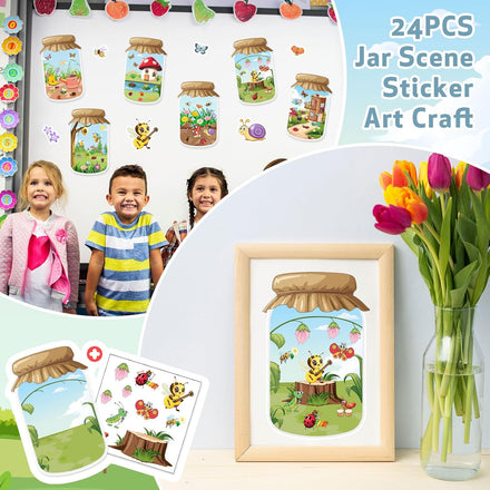 24Pack Spring Craft Bugs Scene Stickers Summer Art Craft Make A Bug Jar Scene with Insect Butterfly Frogs Bee Flower Sticker for Fun Spring Party Supplies Summer Party Games Classroom Activities