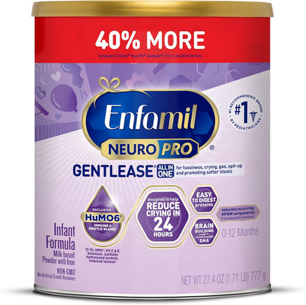 Enfamil NeuroPro Gentlease Baby Formula, Brain Building DHA, HuMO6 Immune Blend, Designed to Reduce Fussiness, Crying, Gas & Spit-up in 24 Hrs, Prebiotics to Promote Softer Stools, Baby Milk, 27.4 Oz