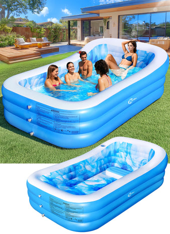 Inflatable Pool with Big Backrest and Seat,Oversized Thickened Large Blow Up Pool for Adults,Inflatable Backyard Pools for Kid and Adult,105"x65"x25"Durable Swimming Pools (Blue)