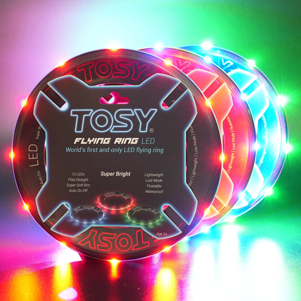 TOSY Flying Ring - 16 Million Color RGB LEDs or 12 LEDs, Super Bright, Lost Mode, Auto Light Up, Camping Essentials for Kids/Teens/Boy/Girl, Safe & Soft, Waterproof, Pool/Beach Games, Lightweight Toy