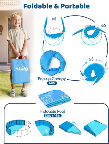 Foldable Kiddie Pool with Canopy: 47in Baby Pool and Beach Tent for Toddlers Infants 6-12 Months and Kids 2-4 Years Old - Portable Water Play with Shade for Outdoor Backyard Beach (Blue-Blue)