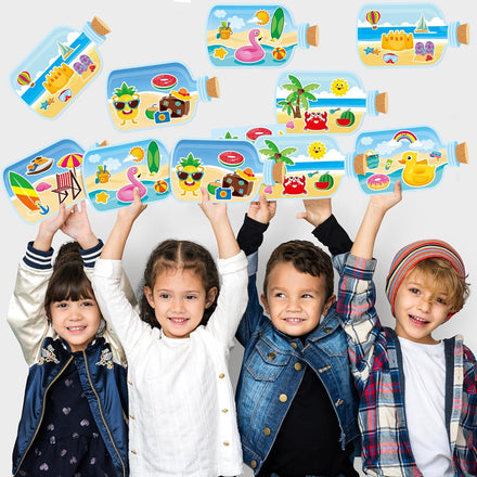 CY2SIDE Summer Beach Stickers - 12PCS Summer Drifting Bottles Sticker Art Craft for Kid Make Your Own Beach Sticker Scene with Pineapple Flamingo DIY Hawaii Party Game Class Fun Activities