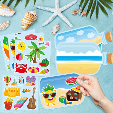 CY2SIDE Summer Beach Stickers - 12PCS Summer Drifting Bottles Sticker Art Craft for Kid Make Your Own Beach Sticker Scene with Pineapple Flamingo DIY Hawaii Party Game Class Fun Activities