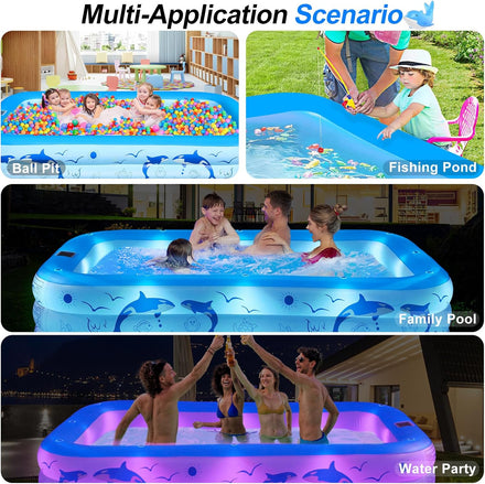 2025 Upgrade Inflatable Pools with Lights, Family Inflatable Swimming Pools for Kids,Adults, Blow Up Pool Solar Powered, Large Kiddie Pool, Durable Thickened Inflatable Family Pool for Backyard-Blue