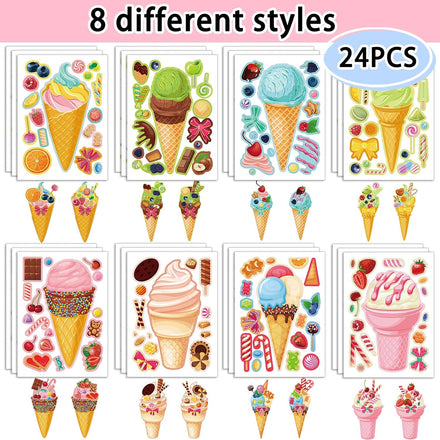 24 Sheets 8.3''×5.9'' Make Your Own Ice Cream Stickers for Toddlers Kids Party Favors, Make a Face Stickers for Kids Activities Supplies Crafts