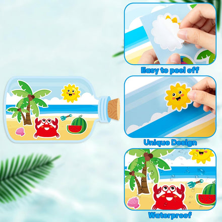 CY2SIDE Summer Beach Stickers - 12PCS Summer Drifting Bottles Sticker Art Craft for Kid Make Your Own Beach Sticker Scene with Pineapple Flamingo DIY Hawaii Party Game Class Fun Activities