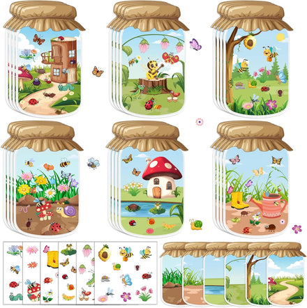 24Pack Spring Craft Bugs Scene Stickers Summer Art Craft Make A Bug Jar Scene with Insect Butterfly Frogs Bee Flower Sticker for Fun Spring Party Supplies Summer Party Games Classroom Activities