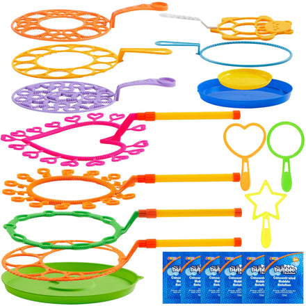 JOYIN Big Bubble Wands Set Bulk for Kids Summer Outdoor Activity Party Favors, 18 Pcs Giant Bubble Maker with Tray, 12" Large, 6 Pcs Solution Suitable for All Age People