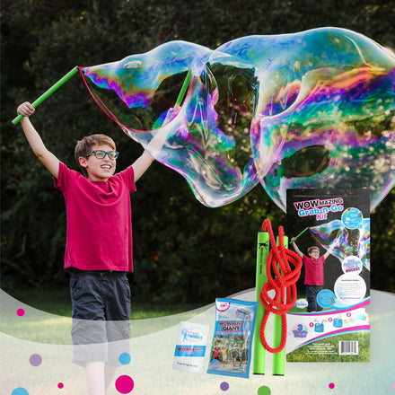 WOWmazing Giant Bubble Wands Kit: (4-Piece Set) | Incl. Wand, Big Bubble Concentrate and Tips & Trick Booklet | Outdoor Toy for Kids, Boys, Girls | Bubbles Made in The USA