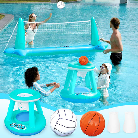 JOYIN Inflatable Pool Float Set Volleyball Net & Basketball Hoops, Floating Swimming Game Toy for Kids and Adults, Summer Floaties, Volleyball Court (105”x28”x38”)|Basketball (27.6”x23”),L-Orange