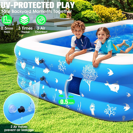 Inflatable Pool with Seat and Pool Lights, Durable Thickened Large Size Family Inflatable Pools for Adults Blow Up Pools,105" x 65" x 25"Swimming Inflatable Kids PooI for Backyard,Outdoor (White)
