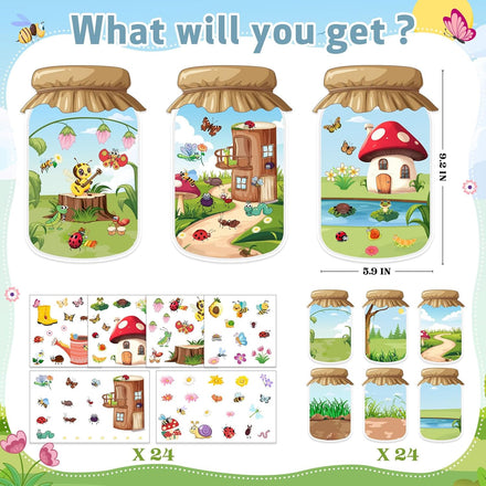 24Pack Spring Craft Bugs Scene Stickers Summer Art Craft Make A Bug Jar Scene with Insect Butterfly Frogs Bee Flower Sticker for Fun Spring Party Supplies Summer Party Games Classroom Activities
