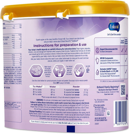 Enfamil NeuroPro Gentlease Baby Formula, Brain Building DHA, HuMO6 Immune Blend, Designed to Reduce Fussiness, Crying, Gas & Spit-up in 24 Hrs, has Prebiotics to Promote Softer Stools, Reusable Tub, 19.5 Oz