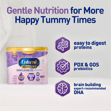 Enfamil NeuroPro Gentlease Baby Formula, Brain Building DHA, HuMO6 Immune Blend, Designed to Reduce Fussiness, Crying, Gas & Spit-up in 24 Hrs, has Prebiotics to Promote Softer Stools, Reusable Tub, 19.5 Oz