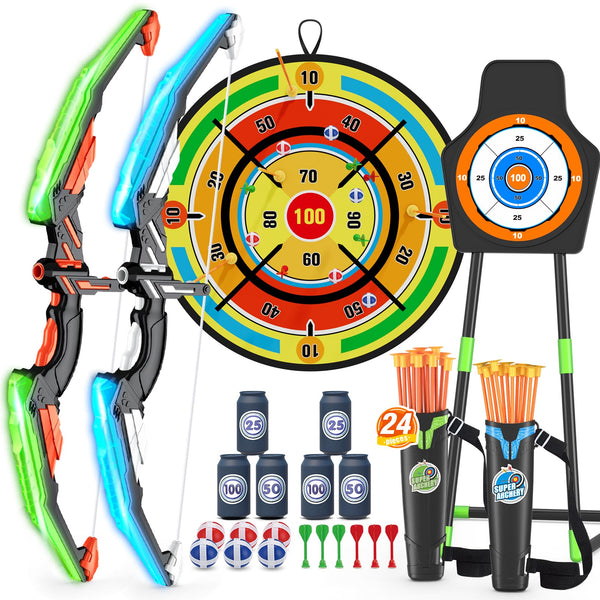 2 Pack Bow and Arrow for Kids, LED Light Up Archery Set with 24 Suction Cup Arrows, 1 Standing Target, 6 Score Targets & 2 Quiver, Indoor Outdoor Sport Gifts for Boys Girls Ages 4-8