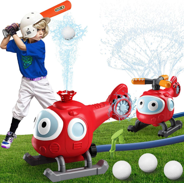 Water Sprinkler Baseball Toy for Kids, 2 in 1 Helicopter Water Sprinkler T Ball Set with 2 Spray Modes, Summer Outdoor Water Spray Toys for Toddlers Yard, Ages 3+