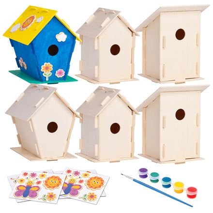 Neliblu DIY 12 Wooden Bird House Kits - Creative Arts and Crafts Set for Kids and Adults - Unfinished Wood Birdhouses with Paint Strips, Brushes, Stickers and Strings - 3 Unique Shapes, 2 Sizes