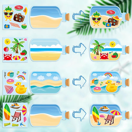 CY2SIDE Summer Beach Stickers - 12PCS Summer Drifting Bottles Sticker Art Craft for Kid Make Your Own Beach Sticker Scene with Pineapple Flamingo DIY Hawaii Party Game Class Fun Activities