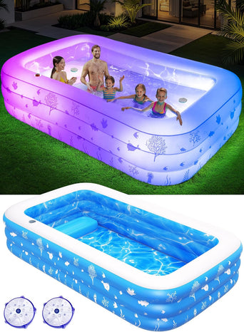Inflatable Pool with Seat and Pool Lights, Durable Thickened Large Size Family Inflatable Pools for Adults Blow Up Pools,105" x 65" x 25"Swimming Inflatable Kids PooI for Backyard,Outdoor (White)