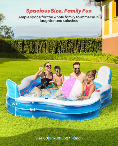 QPAU Inflatable Swimming Pool with 2 Seats and Backrests, 80" L x 80" W x 27" D Large Full-Sized Family Pools for Kids and Adults for Backyard, Garden, Outdoors, Blue