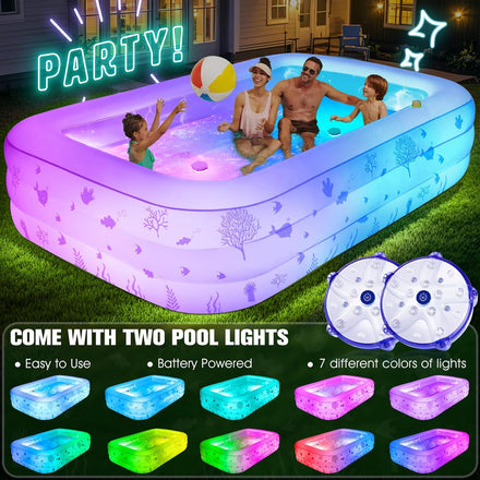 Inflatable Pool with Seat and Pool Lights, Durable Thickened Large Size Family Inflatable Pools for Adults Blow Up Pools,105" x 65" x 25"Swimming Inflatable Kids PooI for Backyard,Outdoor (White)