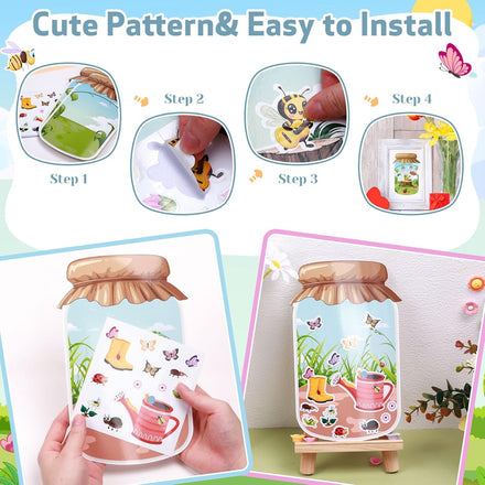 24Pack Spring Craft Bugs Scene Stickers Summer Art Craft Make A Bug Jar Scene with Insect Butterfly Frogs Bee Flower Sticker for Fun Spring Party Supplies Summer Party Games Classroom Activities