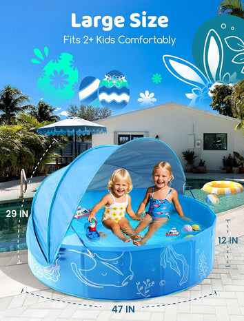 Foldable Kiddie Pool with Canopy: 47in Baby Pool and Beach Tent for Toddlers Infants 6-12 Months and Kids 2-4 Years Old - Portable Water Play with Shade for Outdoor Backyard Beach (Blue-Blue)
