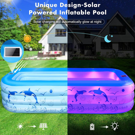 2025 Upgrade Inflatable Pools with Lights, Family Inflatable Swimming Pools for Kids,Adults, Blow Up Pool Solar Powered, Large Kiddie Pool, Durable Thickened Inflatable Family Pool for Backyard-Blue