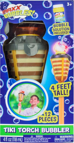 Tiki Torch Bubbler - Bubble Machine with Lights and Music, Bubble Blower and Wand, Rechargable Outdoor Toy for Kids Teens Adults, Includes 4oz Bubble Solution