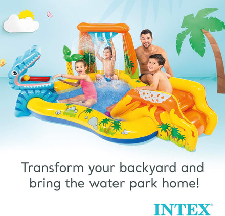 Intex Inflatable Dinosaur Play Center Outdoor Playhouse Inflatable Water Park with Kid Pool Slide, Water Sprayer, Waterfall, and 6 Balls, Multicolor