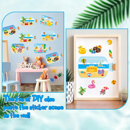 CY2SIDE Summer Beach Stickers - 12PCS Summer Drifting Bottles Sticker Art Craft for Kid Make Your Own Beach Sticker Scene with Pineapple Flamingo DIY Hawaii Party Game Class Fun Activities