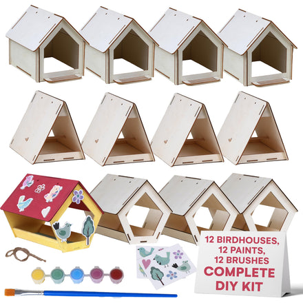Neliblu DIY 12 Wooden Bird House Kits - Creative Arts and Crafts Set for Kids and Adults - Unfinished Wood Birdhouses with Paint Strips, Brushes, Stickers and Strings - 3 Unique Shapes, 2 Sizes