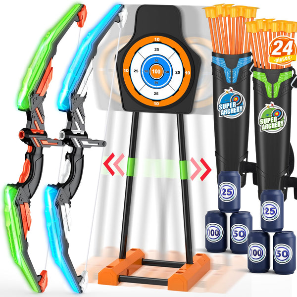 2 Pack Bow and Arrow for Kids, LED Light Up Archery Set with 24 Suction Cup Arrows, 1 Standing Target, 6 Score Targets & 2 Quiver, Indoor Outdoor Sport Gifts for Boys Girls Ages 4-8