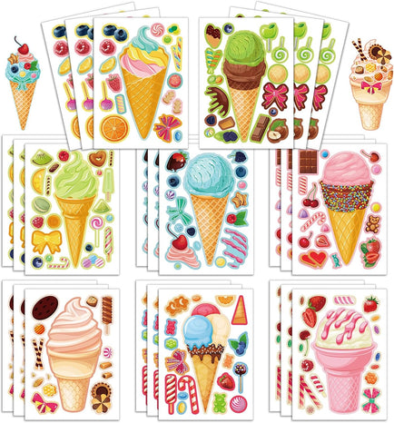 24 Sheets 8.3''×5.9'' Make Your Own Ice Cream Stickers for Toddlers Kids Party Favors, Make a Face Stickers for Kids Activities Supplies Crafts