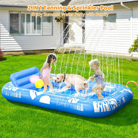 Inflatable Tanning Pool Lounger Float with Sprinkler, 77" x 48" Pool Floats Adult with Pillow, 6 in 1 Suntan Tub Raft Floatie with Drink Holder Sunbathing Water Lounge
