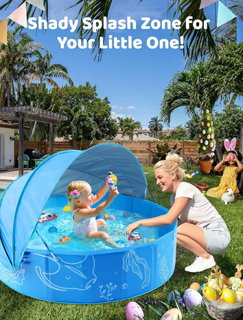 Foldable Kiddie Pool with Canopy: 47in Baby Pool and Beach Tent for Toddlers Infants 6-12 Months and Kids 2-4 Years Old - Portable Water Play with Shade for Outdoor Backyard Beach (Blue-Blue)