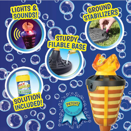 Tiki Torch Bubbler - Bubble Machine with Lights and Music, Bubble Blower and Wand, Rechargable Outdoor Toy for Kids Teens Adults, Includes 4oz Bubble Solution