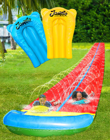 JAMBO Premium 16Ft Slip Splash and Slide and 3 Bodyboards Updated Model, Heavy Duty Water Slide - 3-Way Sprinkler System, Splash Mat Pad, Backyard Outdoor Water Toys n Slides for Kids