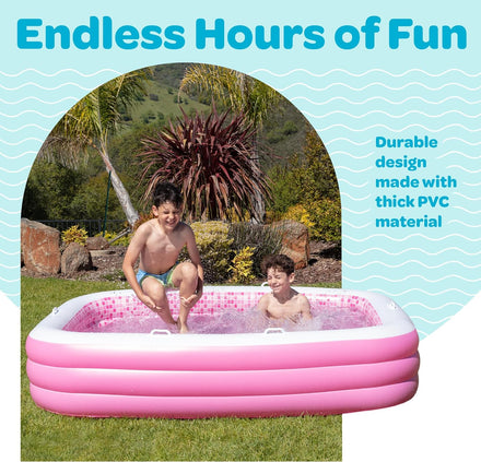 Inflatable for Kids and Adults 90"x60" (7.5'x5') with Soft Padded Floor, Handles and Drain, Kiddie Swimming Pool, Big Blow Up Backyard Pool for Ages 3+, Playful - Pink