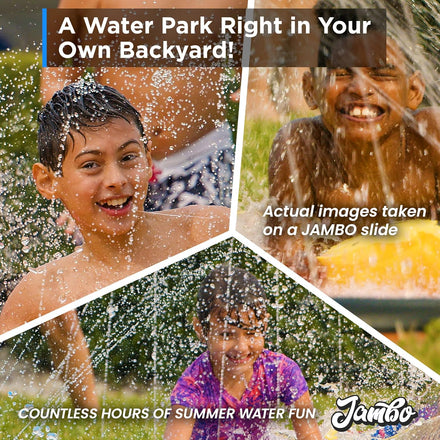 JAMBO Premium 16Ft Slip Splash and Slide and 3 Bodyboards Updated Model, Heavy Duty Water Slide - 3-Way Sprinkler System, Splash Mat Pad, Backyard Outdoor Water Toys n Slides for Kids