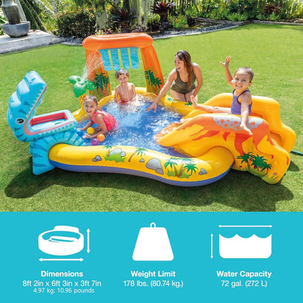 Intex Inflatable Dinosaur Play Center Outdoor Playhouse Inflatable Water Park with Kid Pool Slide, Water Sprayer, Waterfall, and 6 Balls, Multicolor