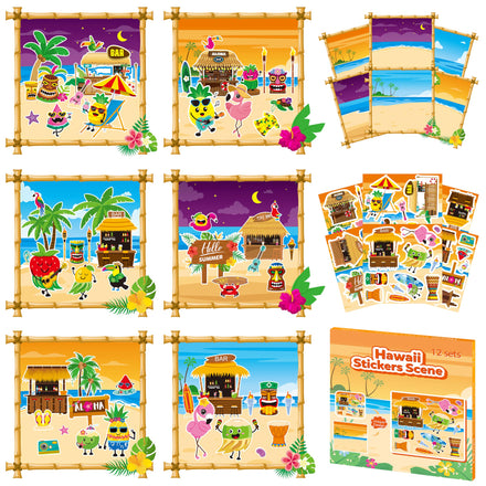 CY2SIDE Summer Beach Stickers - 12PCS Summer Drifting Bottles Sticker Art Craft for Kid Make Your Own Beach Sticker Scene with Pineapple Flamingo DIY Hawaii Party Game Class Fun Activities