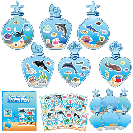 CY2SIDE Summer Beach Stickers - 12PCS Summer Drifting Bottles Sticker Art Craft for Kid Make Your Own Beach Sticker Scene with Pineapple Flamingo DIY Hawaii Party Game Class Fun Activities