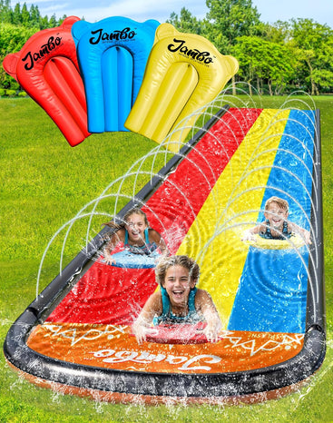 JAMBO Premium 16Ft Slip Splash and Slide and 3 Bodyboards Updated Model, Heavy Duty Water Slide - 3-Way Sprinkler System, Splash Mat Pad, Backyard Outdoor Water Toys n Slides for Kids