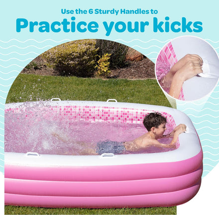 Inflatable for Kids and Adults 90"x60" (7.5'x5') with Soft Padded Floor, Handles and Drain, Kiddie Swimming Pool, Big Blow Up Backyard Pool for Ages 3+, Playful - Pink