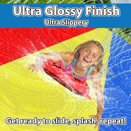 JAMBO Premium 16Ft Slip Splash and Slide and 3 Bodyboards Updated Model, Heavy Duty Water Slide - 3-Way Sprinkler System, Splash Mat Pad, Backyard Outdoor Water Toys n Slides for Kids