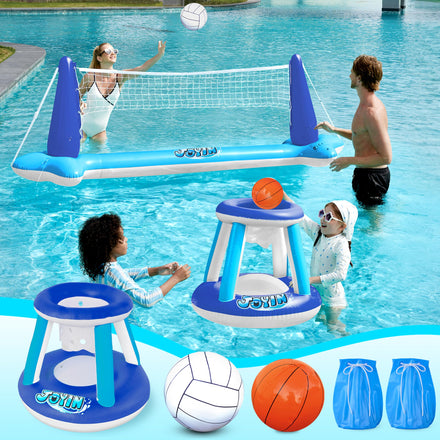 JOYIN Inflatable Pool Float Set Volleyball Net & Basketball Hoops, Floating Swimming Game Toy for Kids and Adults, Summer Floaties, Volleyball Court (105”x28”x38”)|Basketball (27.6”x23”),L-Orange