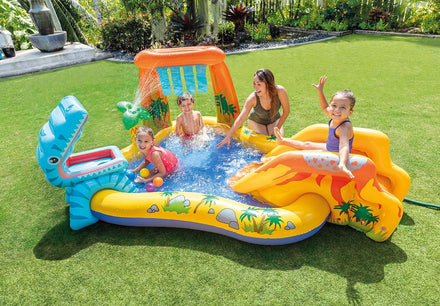 Intex Inflatable Dinosaur Play Center Outdoor Playhouse Inflatable Water Park with Kid Pool Slide, Water Sprayer, Waterfall, and 6 Balls, Multicolor