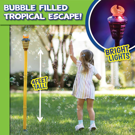Tiki Torch Bubbler - Bubble Machine with Lights and Music, Bubble Blower and Wand, Rechargable Outdoor Toy for Kids Teens Adults, Includes 4oz Bubble Solution